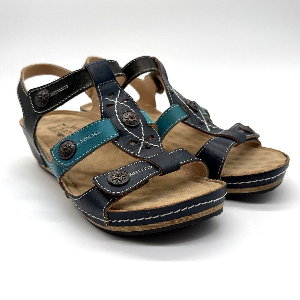 L'Artiste by Spring Step MELISSA Navy/Teal Leather Wedge Sandal Wm US 7.5 & EU38